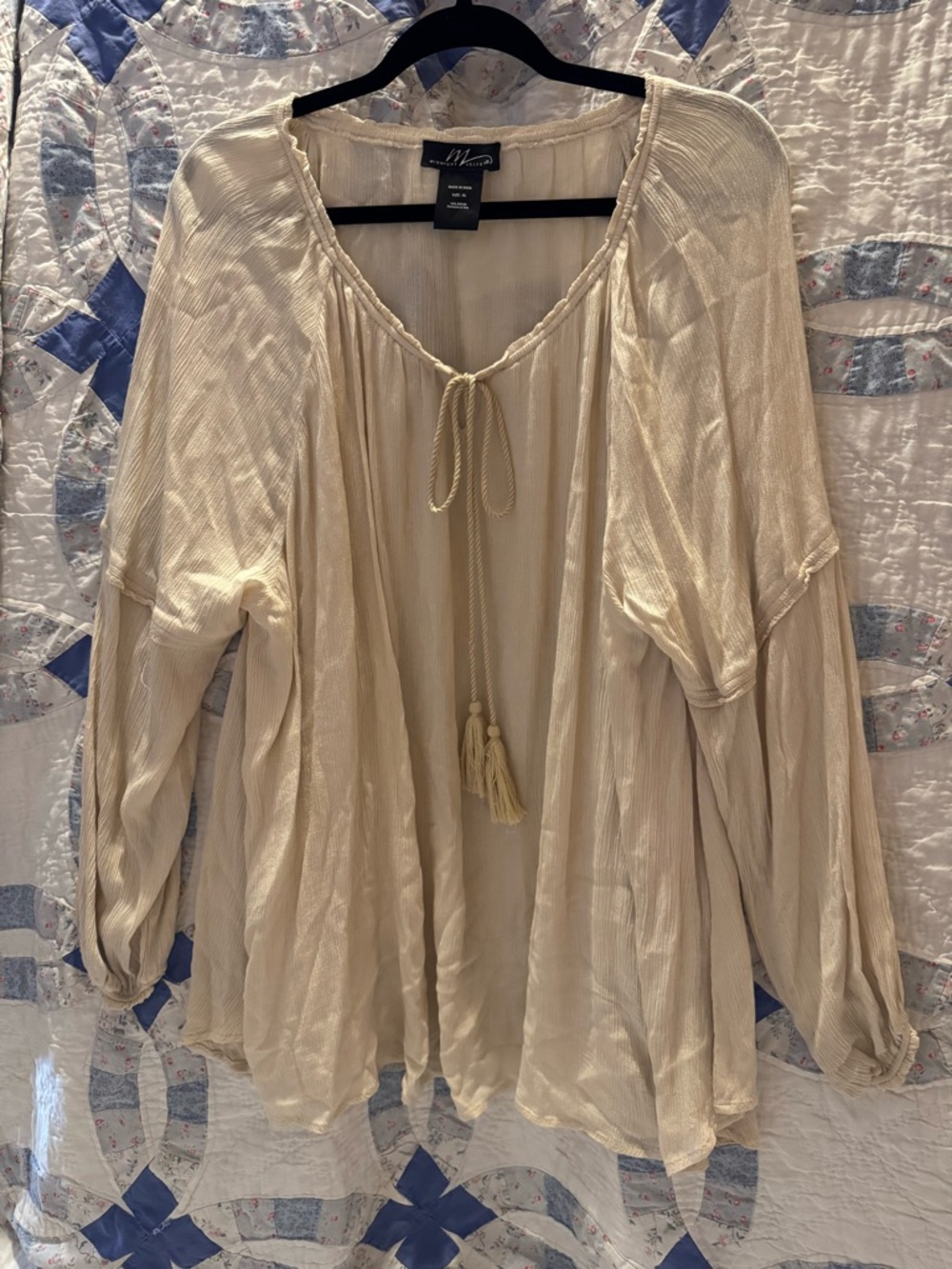 Midnight Velvet Cream Boho Peasant Top with Tassel Tie